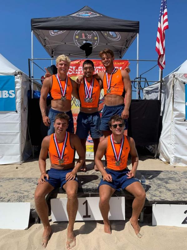 Dewey Beach Patrol members recently took part in the USLA National Championships in Hermosa Beach, Calif. In back is Steven Hagen, the Men's 25 and over Beach Flags champion. In middle are CJ Fritchman and Eid Nouhra with Hank D’Ambrogi and Mikey Frederick in front, all members of the winning Men’s 4-by-90-Meter Sprint team. SUBMITTED PHOTO